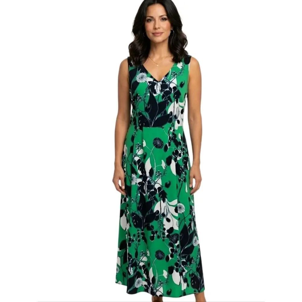 Coldwater Creek Kelly Green Floral V-neck Sleeveless Tie Maxi Dress Size 8